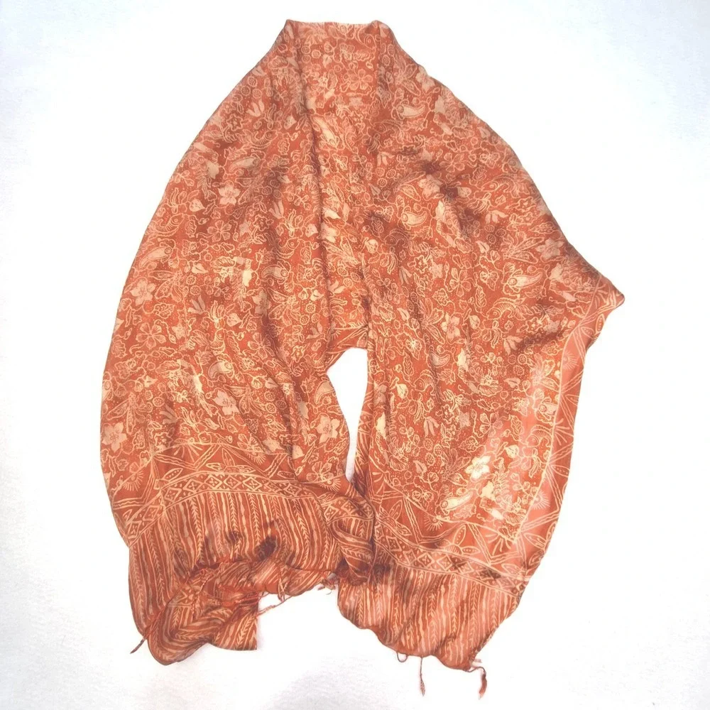 Love Shop‎ Scarf Womens One Size Orange Silk Batik Floral Paisley Fringe Wrap
